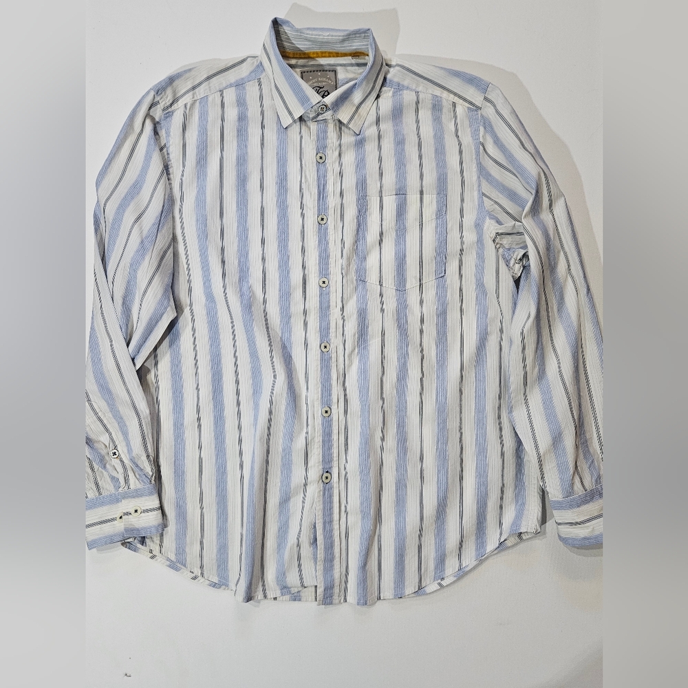 Tommy Bahama Denim Mens Button Up‎ Shirt Large White Blue Stripe Resortwear